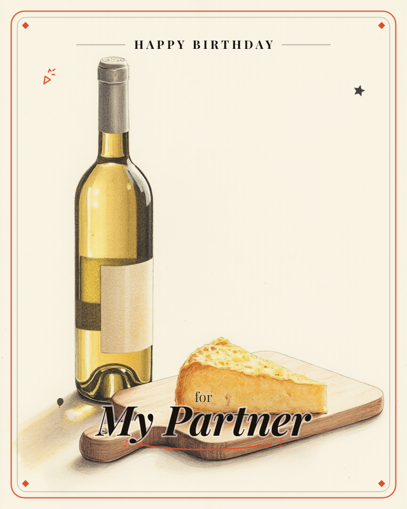 A tall bottle of white wine stands beside a small wooden board holding a wedge of golden, crusty cheese, a birthday e-card design
