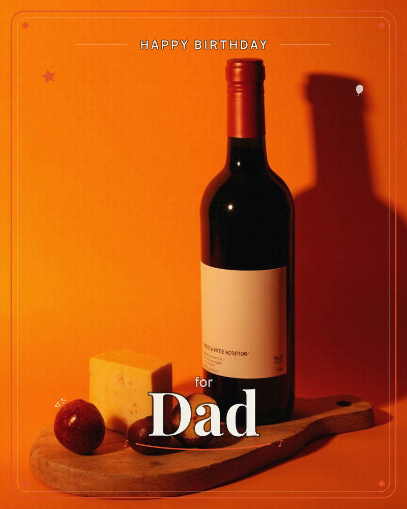 A bottle of red wine stands on a wooden paddle board alongside a wedge of cheese and a few small dark fruits, all bathed in a bold orange glow that…, a birthday e-card design