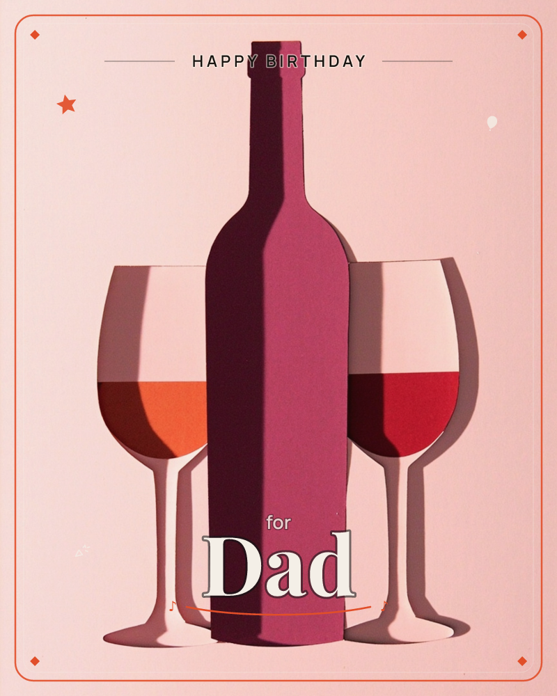 A tall magenta wine bottle stands between two glasses, one filled with an orange-hued drink and the other with deep red wine, all set against a flat…, a birthday e-card design