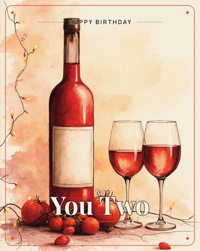 A red wine bottle with a blank label stands beside two half-filled glasses, surrounded by ripe tomatoes and a trailing string of small fairy lights, a birthday e-card design