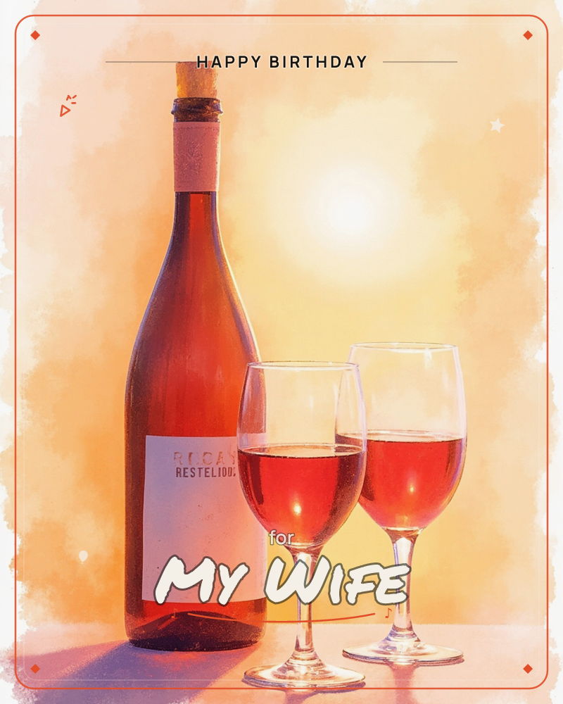 A corked bottle of rosé wine stands beside two glasses filled with pale pink wine, all bathed in a warm golden glow that fades into soft painterly edges, a birthday e-card design