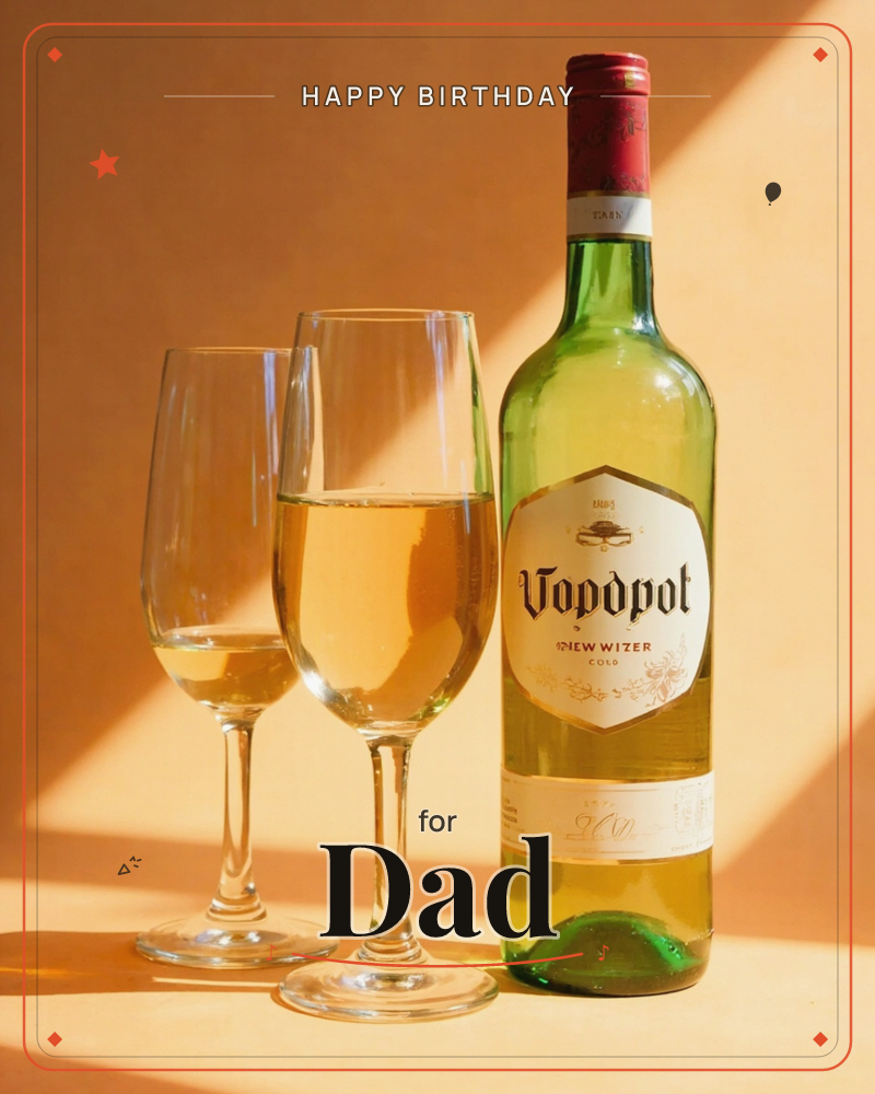 A green wine bottle with a red foil cap and ornate label stands beside two stemmed glasses filled with pale golden wine, all set against a warm apricot…, a birthday e-card design