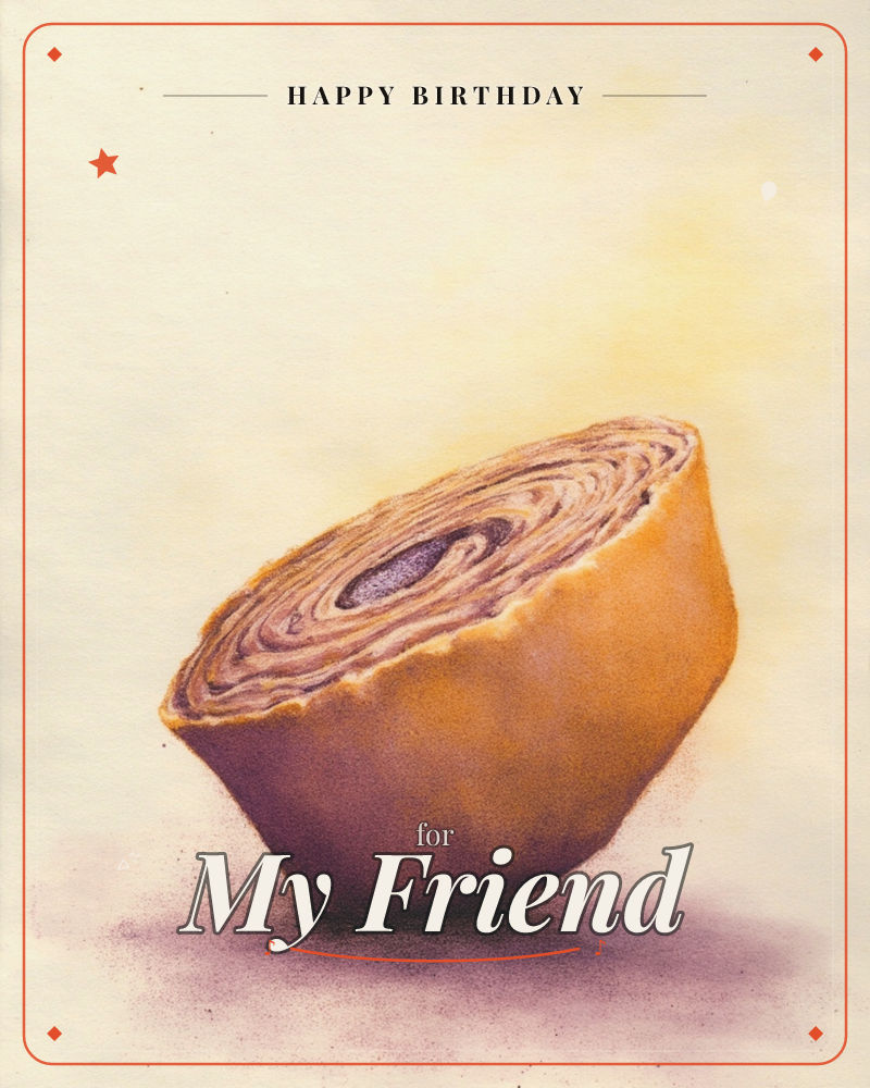 A single cross-section of a rolled pastry sits alone against a warm, vignetted cream background, its spiral layers rendered in soft sepia and amber tones, a birthday e-card design