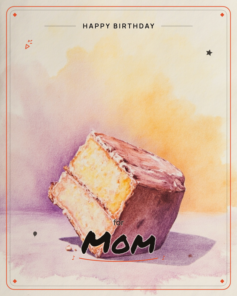 A single wedge-shaped slice of layered cake sits alone on a pale surface, its chocolate frosting catching the light while a soft cloud of lavender and…, a birthday e-card design