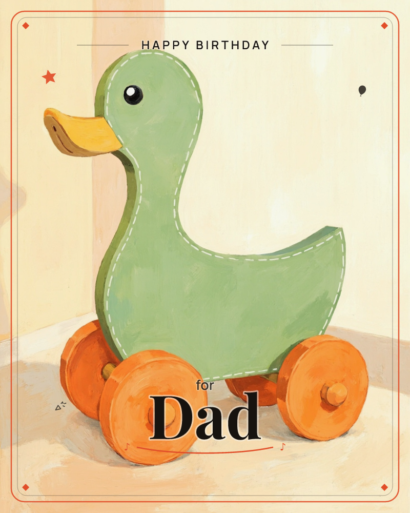 A wooden push-along duck toy sits alone in the corner of a room, painted sage green with a yellow beak and stitched white outline details, a birthday e-card design