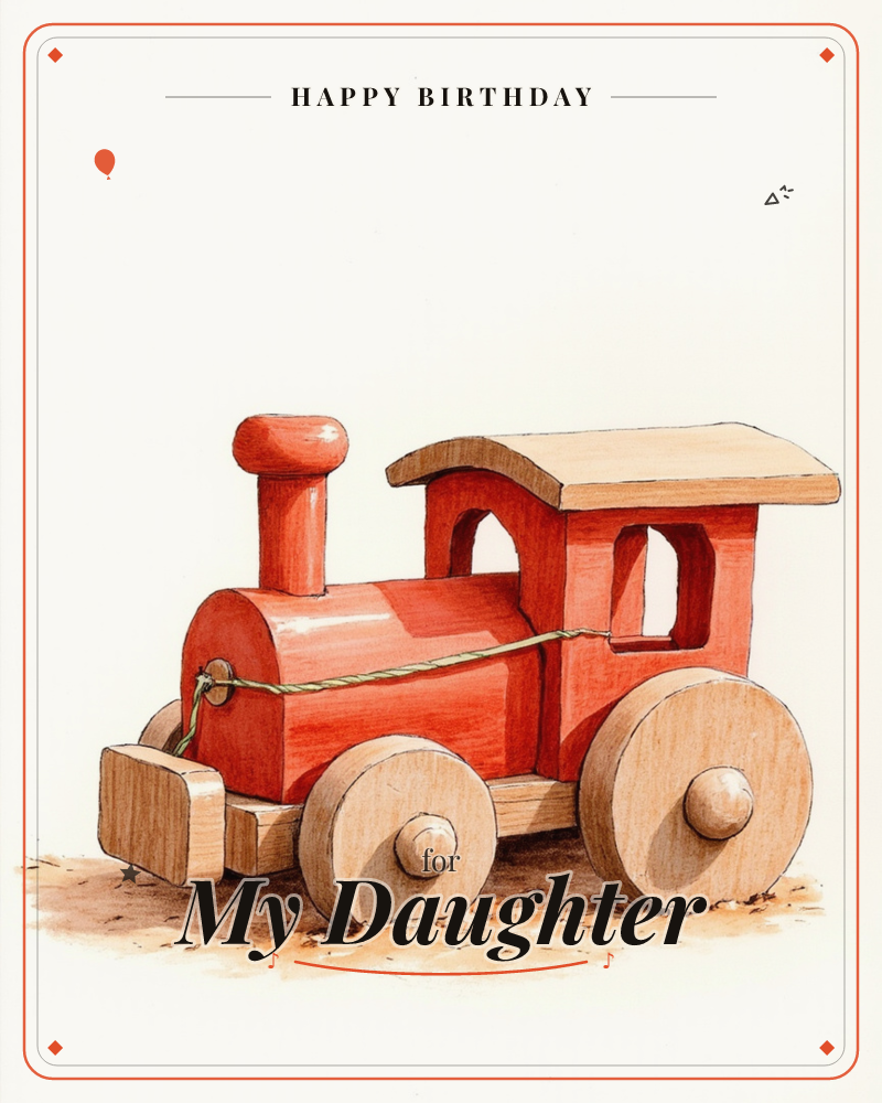 A wooden toy train sits alone against a plain cream background, its body painted a glossy red with a natural wood cab roof and round wheels, a birthday e-card design