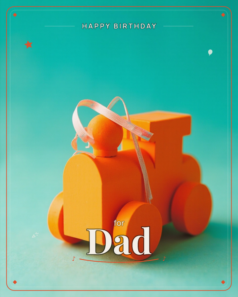 A small wooden toy train, painted entirely in bright orange, sits against a flat teal-turquoise backdrop, a birthday e-card design