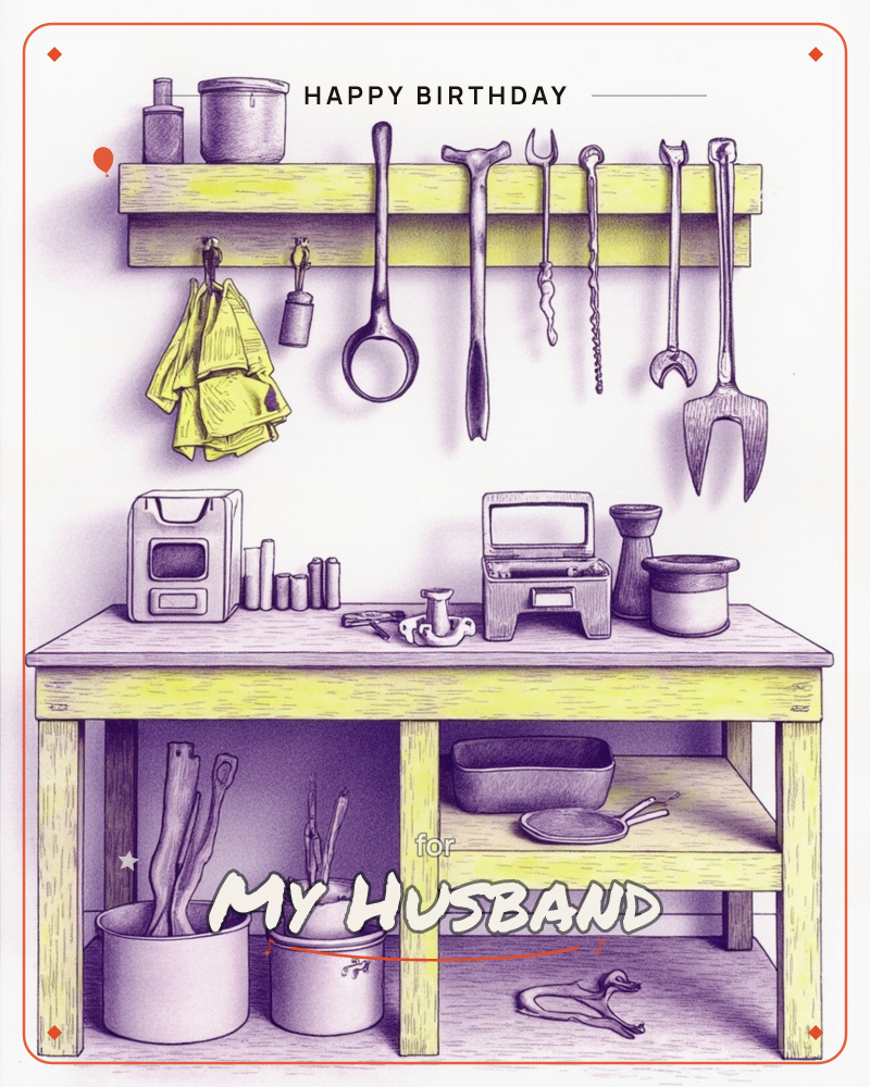 A workshop bench and tool rack rendered in fine cross-hatched line work, with a yellow cloth, wrenches, and hand tools hanging above jars, tins, and a…, a birthday e-card design