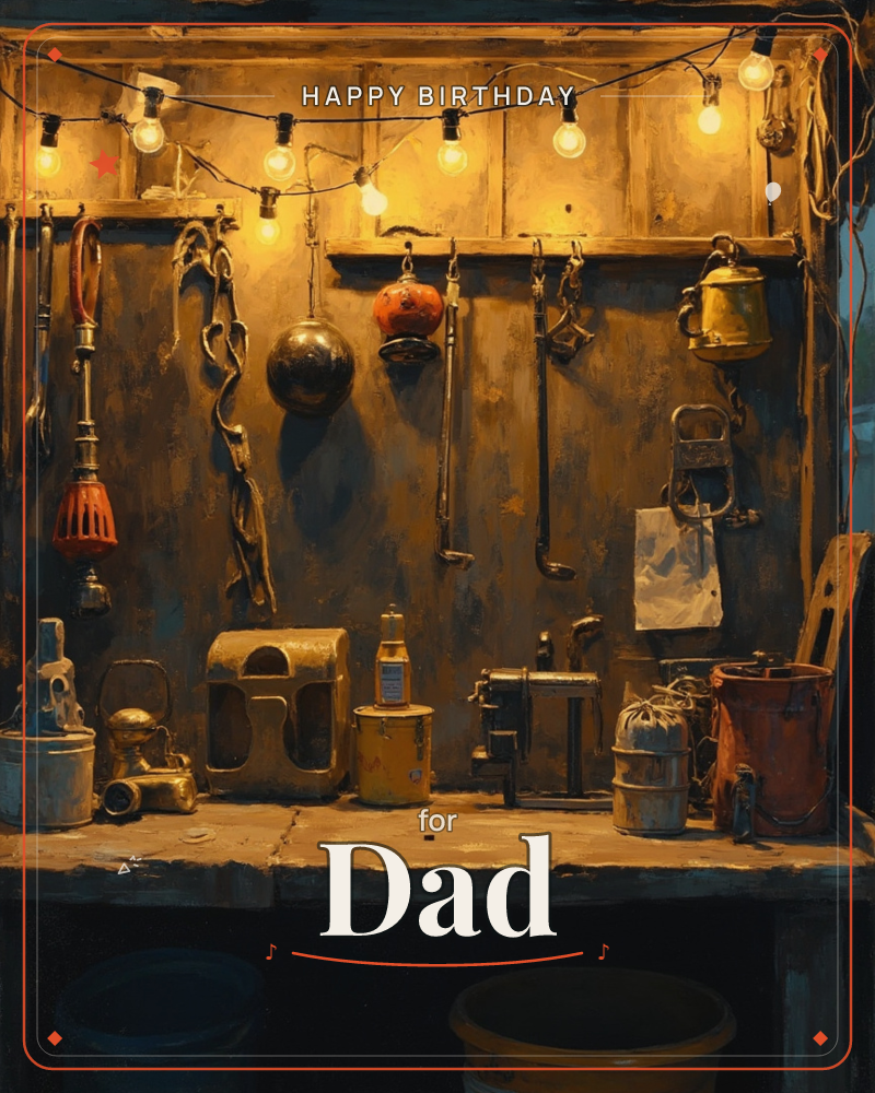 A rustic workshop wall glows under a string of warm bulbs, its wooden pegboard crowded with old tools, tins, and hanging gadgets, a birthday e-card design