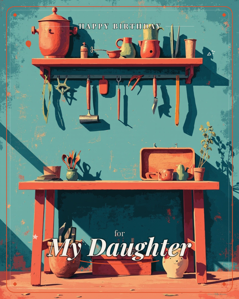 A rustic kitchen nook is rendered in bold teal and terracotta, with a wooden shelf holding pots, jugs and a canister above a workbench scattered with…, a birthday e-card design