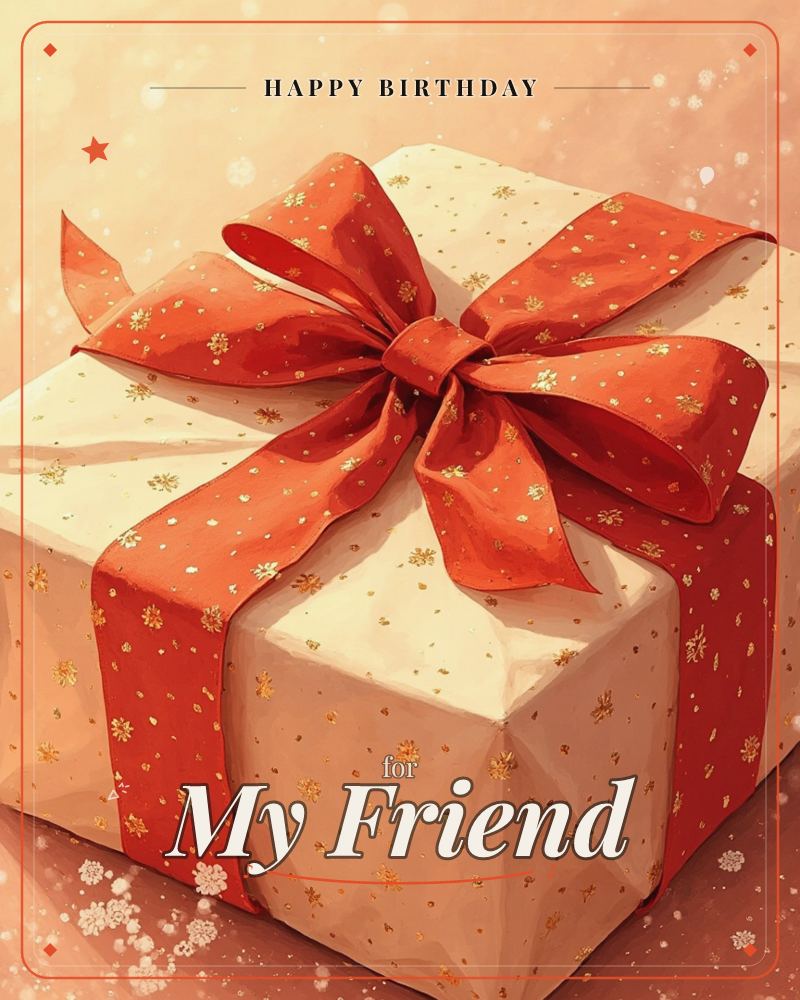 A single wrapped present fills the frame, its cream paper dusted with tiny gold flecks and snowflake specks, a birthday e-card design