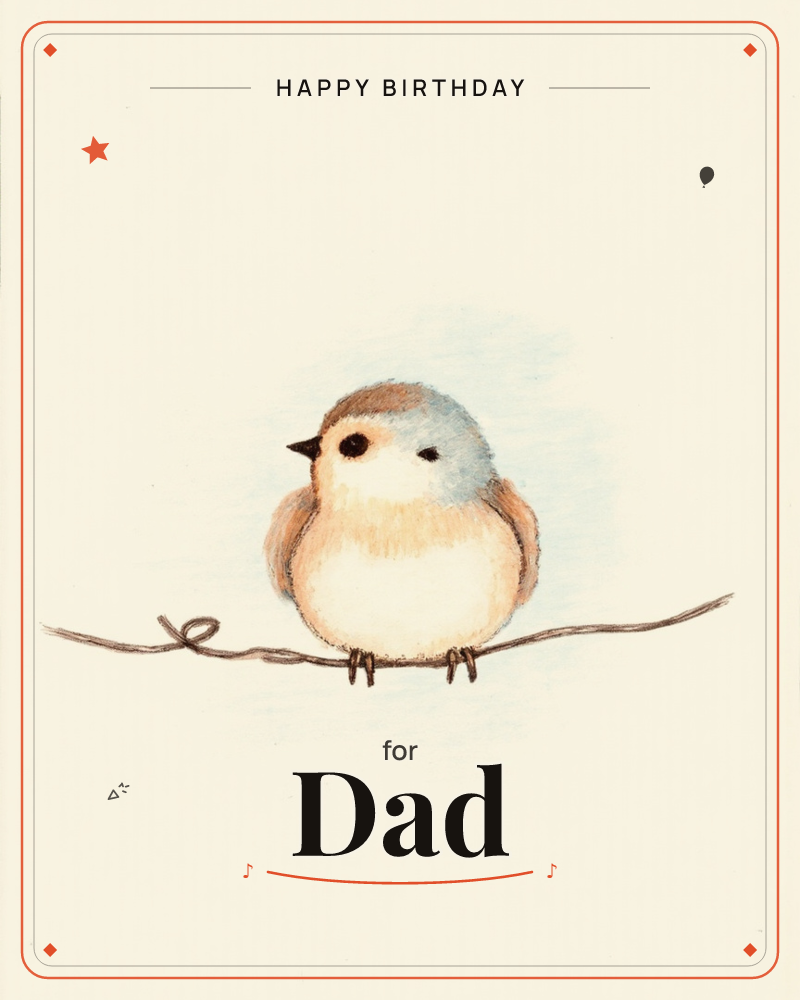 A round, plump little bird with a soft blue-grey head and a warm peach belly perches on a curling twig, set against a pale cream page with a faint blue…, a birthday e-card design