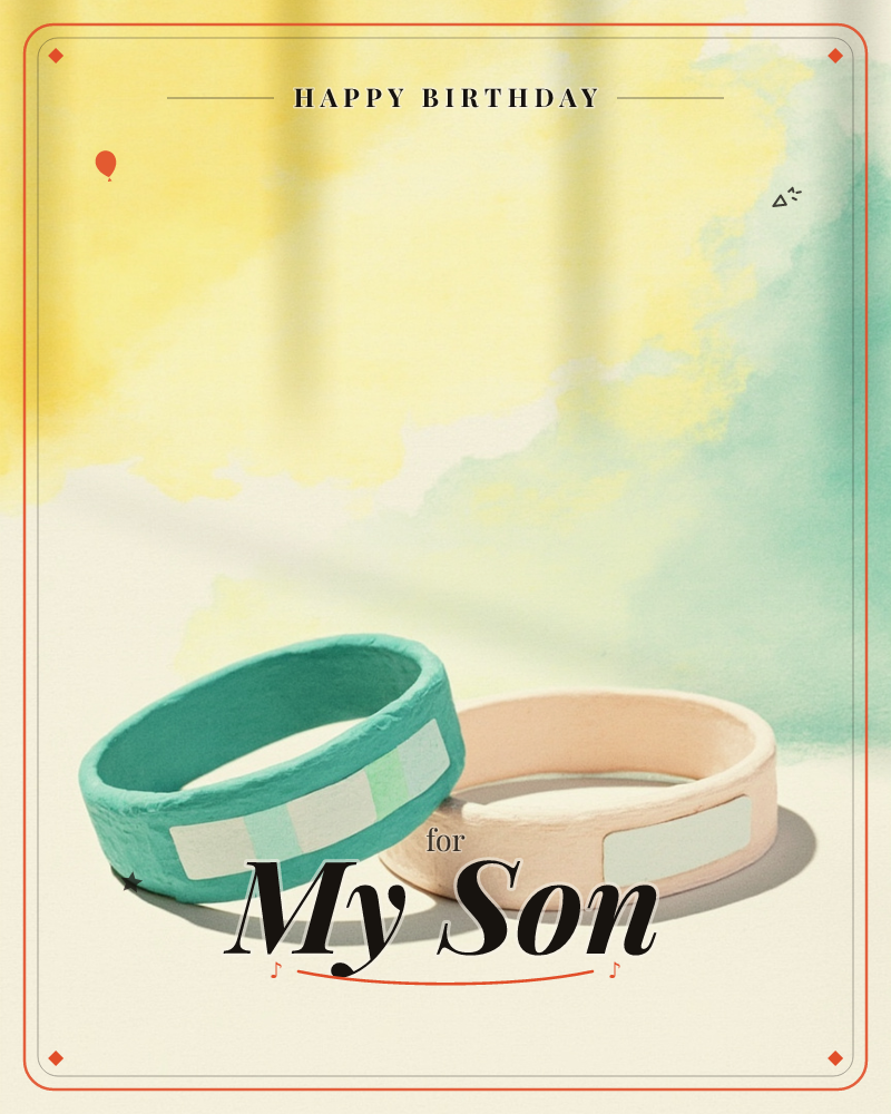 Two clay-textured bangles, one teal with a pale checkered stripe and one blush pink with a mint label patch, rest against each other on a pale surface, a birthday e-card design