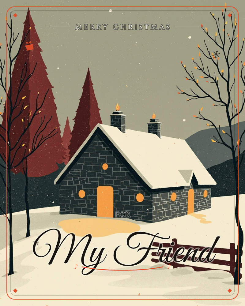 A dark stone cottage sits snug under a thick blanket of snow, its two chimneys puffing small flames of firelight into a dusky sky, a christmas e-card design