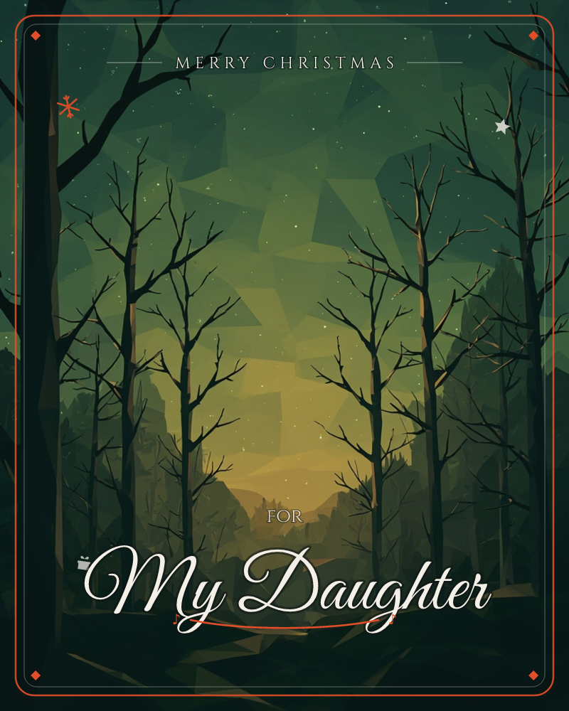 A row of bare, skeletal trees stands silhouetted against a low-poly sky that fades from deep green at the edges to a warm amber glow at the horizon…, a christmas e-card design