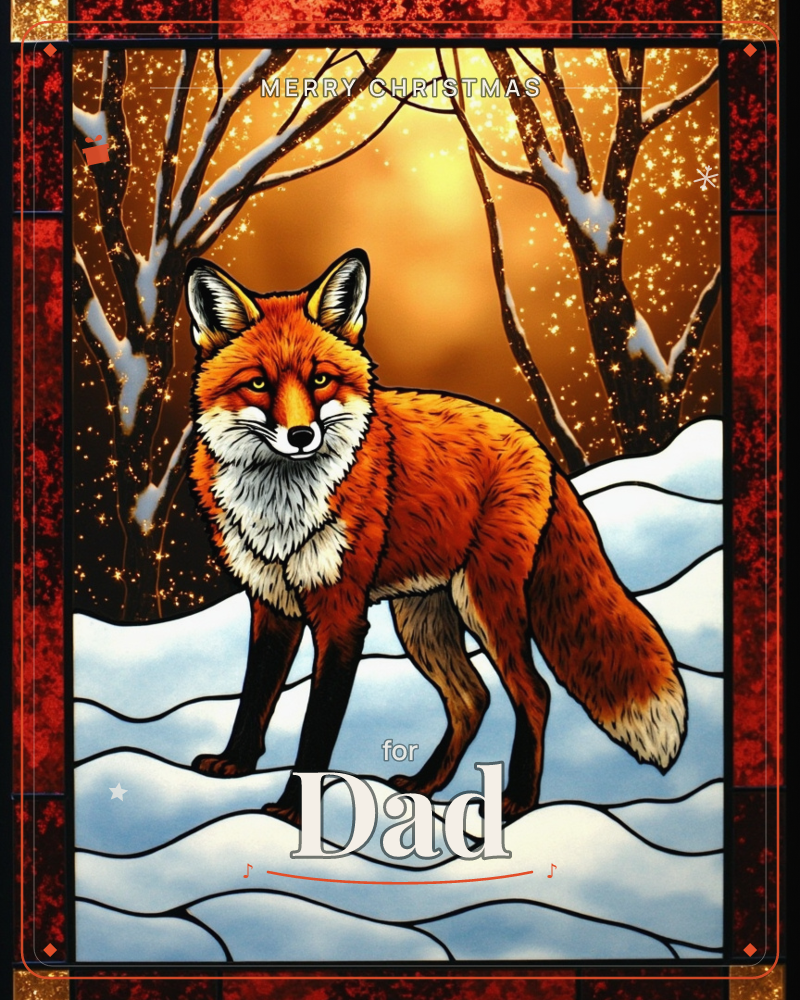 A red fox stands alert in rolling snowdrifts, its coat rendered in bold stained-glass panels of orange and cream against bare winter trees glittering…, a christmas e-card design