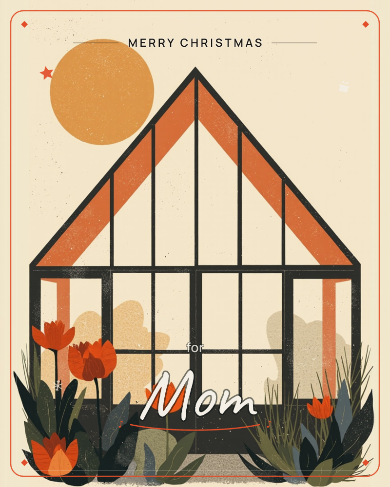 A black-framed glasshouse stands against a warm cream sky with a solid orange sun overhead, a christmas e-card design