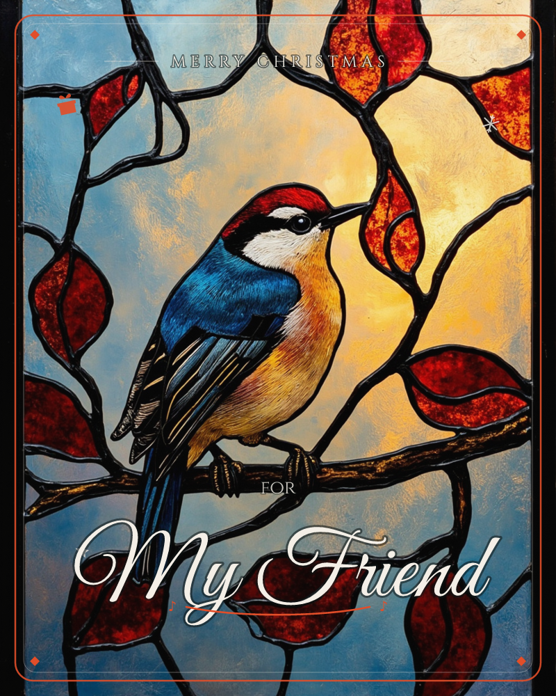 A stained-glass style panel shows a small bird with a red crown, white face, and blue-and-amber body perched on a branch, framed by dark leaded lines…, a christmas e-card design