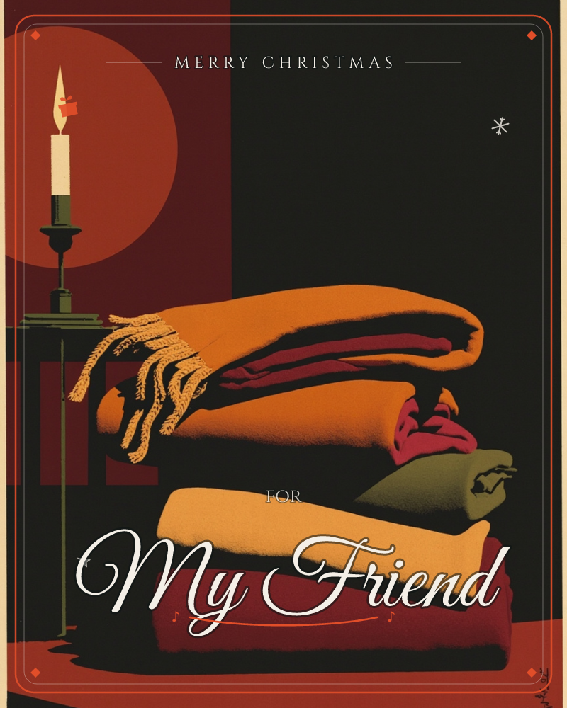 A lit candle in a dark green holder stands beside a stacked pile of folded blankets and cushions in burnt orange, cream, olive and deep red, glowing…, a christmas e-card design