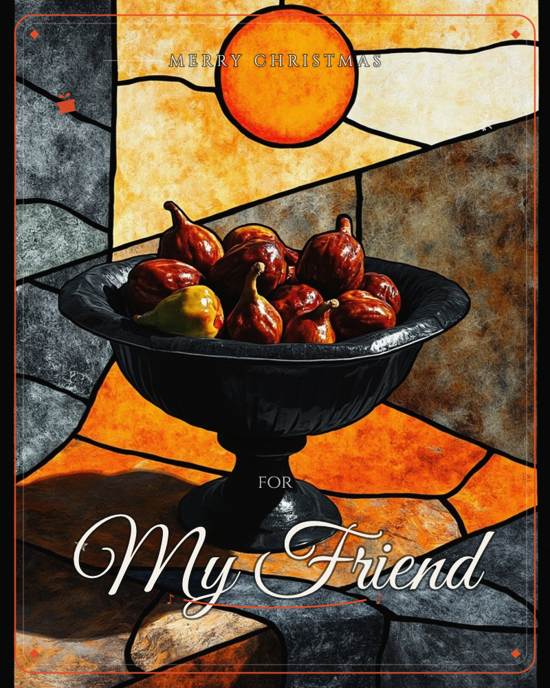 A black pedestal bowl heaped with dark purple figs and two golden-green ones sits against a stained-glass style backdrop of a bold orange sun, a christmas e-card design