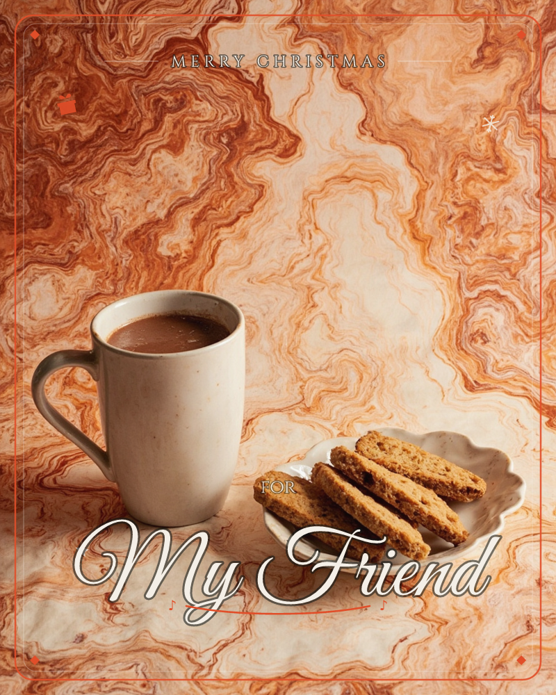A tall cream mug of milky coffee sits beside a scalloped plate stacked with crisp biscotti-style biscuits, set against a swirling marbled backdrop of…, a christmas e-card design