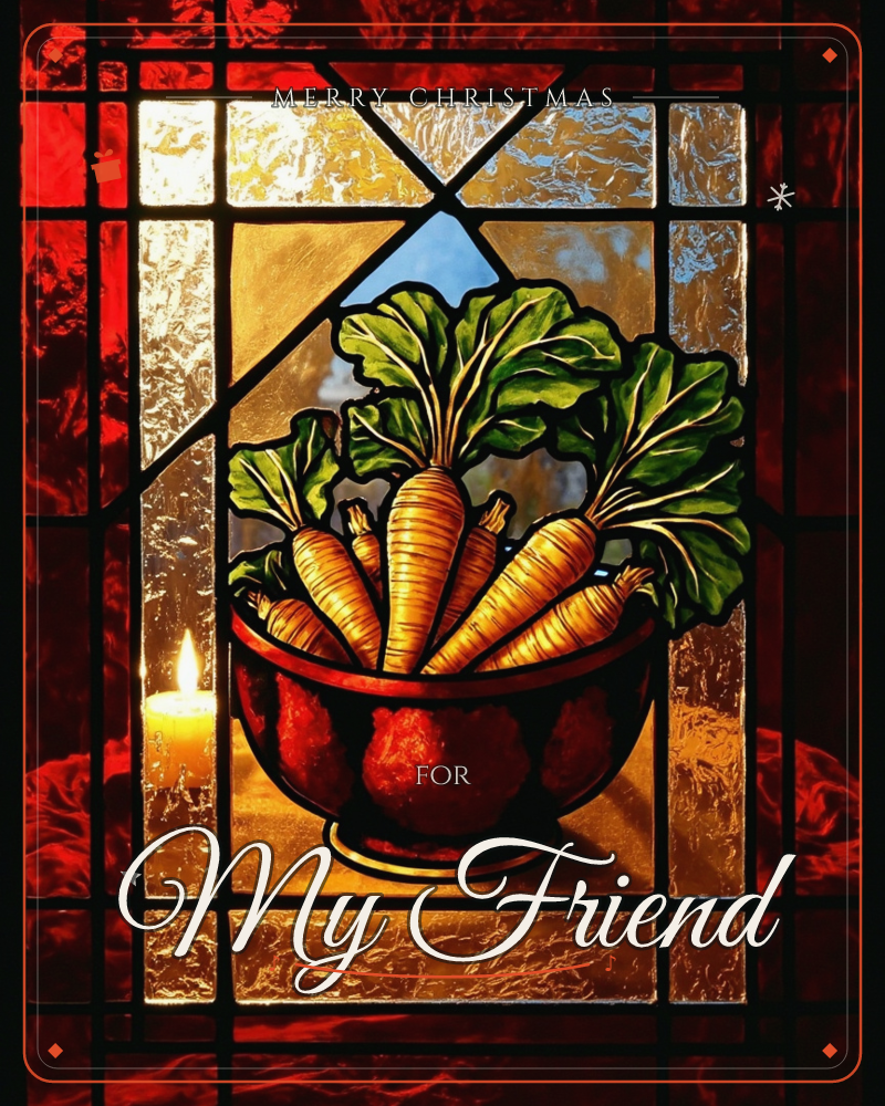 A stained glass window glows with deep reds and ambers, framing a bowl piled high with golden carrots and their leafy green tops, a christmas e-card design