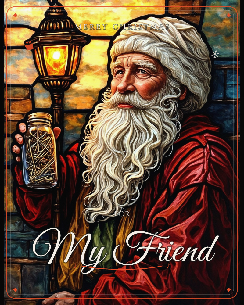 An old man with a long, curling white beard and red robe stands beside a glowing lamppost, holding a small glass jar filled with straw, a christmas e-card design