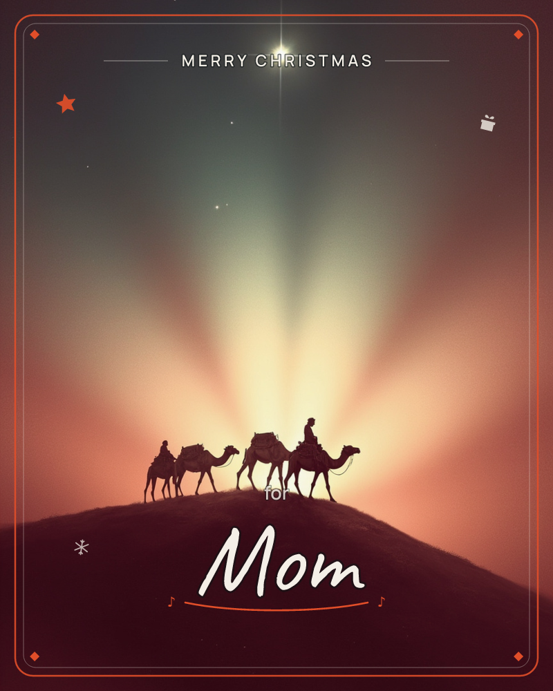 A silhouetted caravan of camels and two riders crosses a desert ridge beneath a brilliant star, its light fanning out across the sky in warm rays of…, a christmas e-card design