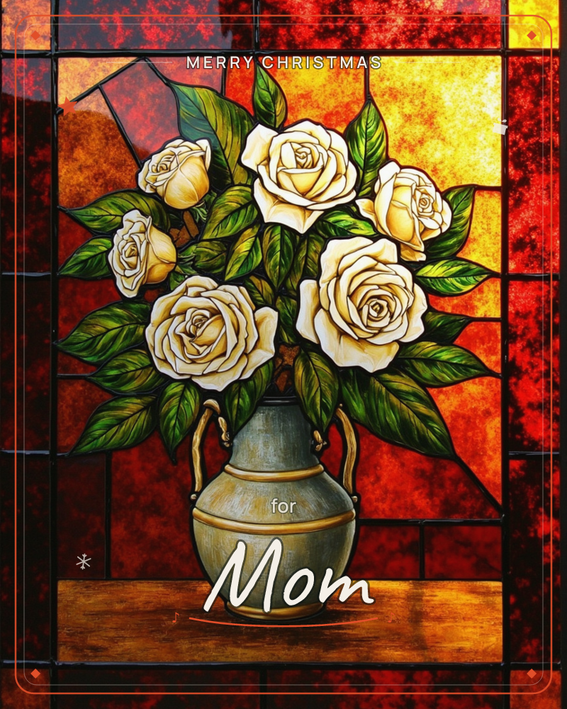 A stained-glass style panel shows an urn-shaped green and gold vase filled with cream-white roses and glossy leaves, sitting on a wooden ledge, a christmas e-card design