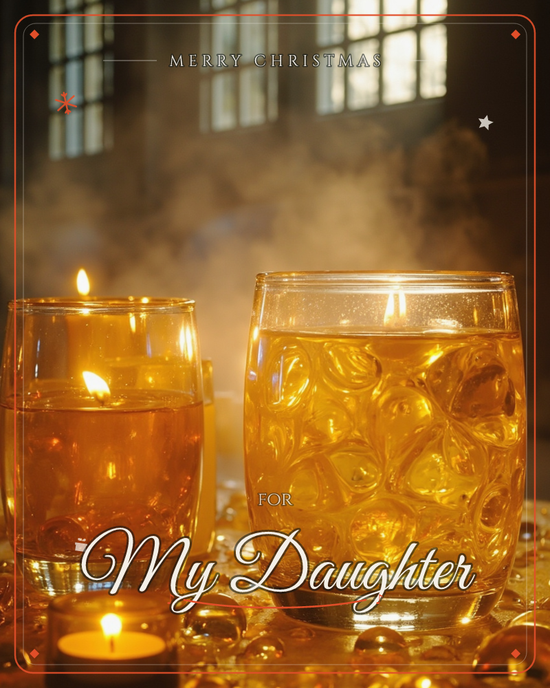 Two glass candles glow with amber flame, their melted wax catching light like liquid honey and rippling with bubbled texture, a christmas e-card design