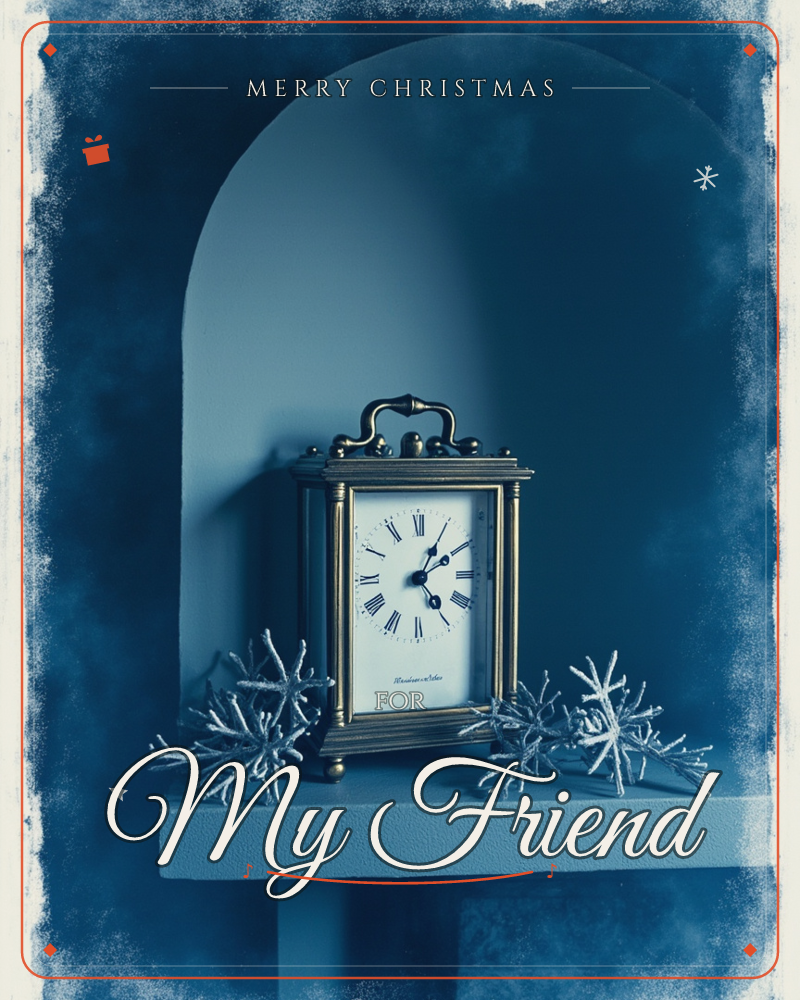 A brass carriage clock with a white Roman-numeral face sits inside a deep arched niche, painted almost entirely in monochrome blue, a christmas e-card design
