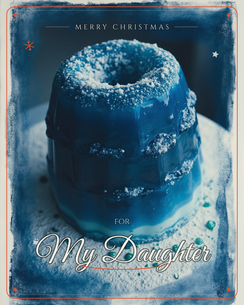 A glossy blue bundt cake sits dusted with powdered sugar and scattered green sugar pearls, photographed close-up with a faded cyanotype-style border, a christmas e-card design
