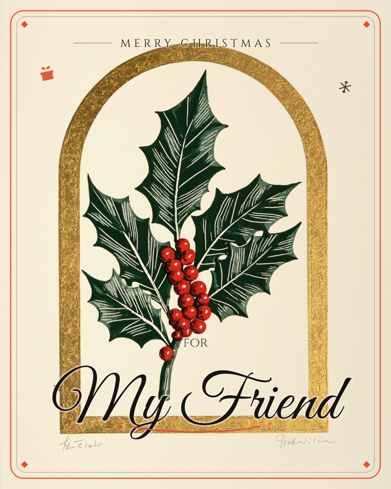 A sprig of holly with dark green spiked leaves and a cluster of bright red berries sits centred inside a textured gold arch, printed on soft cream paper, a christmas e-card design