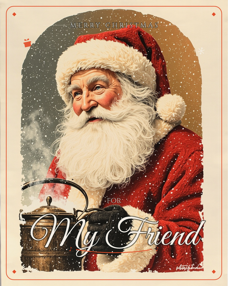 Santa is shown in close portrait, holding a steaming copper kettle in one gloved hand, his white beard and red fur-trimmed coat dusted with falling snow, a christmas e-card design
