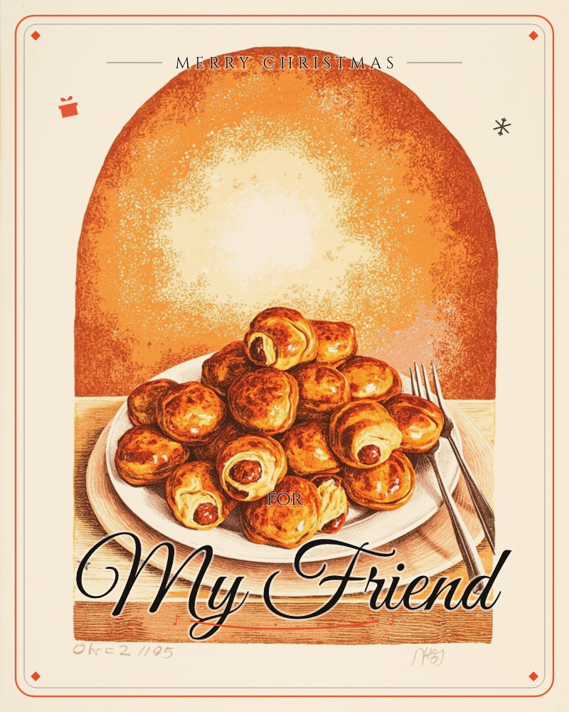 A white plate is piled high with golden pigs-in-blankets, their pastry glazed and crisped under a warm glow, set on a wooden tabletop against a mottled…, a christmas e-card design