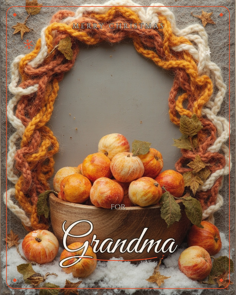 A wooden bowl heaped with rosy autumn apples sits inside an arched frame woven from thick knitted cords in rust, gold and cream, scattered with dried…, a christmas e-card design
