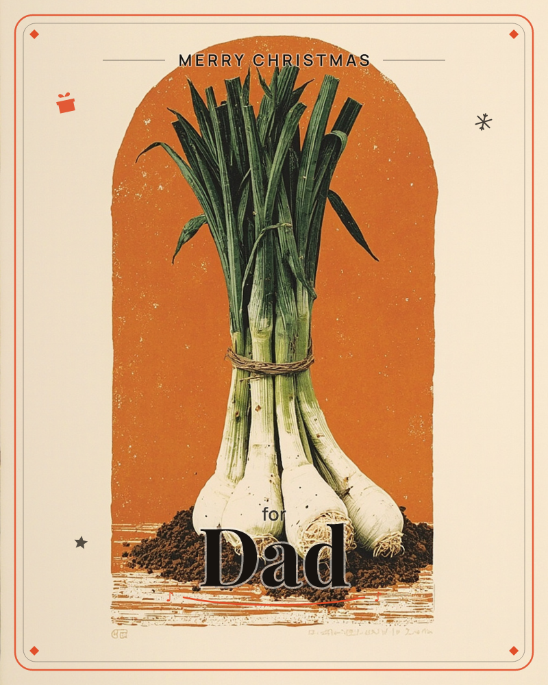 A bundle of freshly pulled leeks stands tied with twine, roots and dark earth still clinging to their bulbs, set against a bold burnt-orange arched…, a christmas e-card design