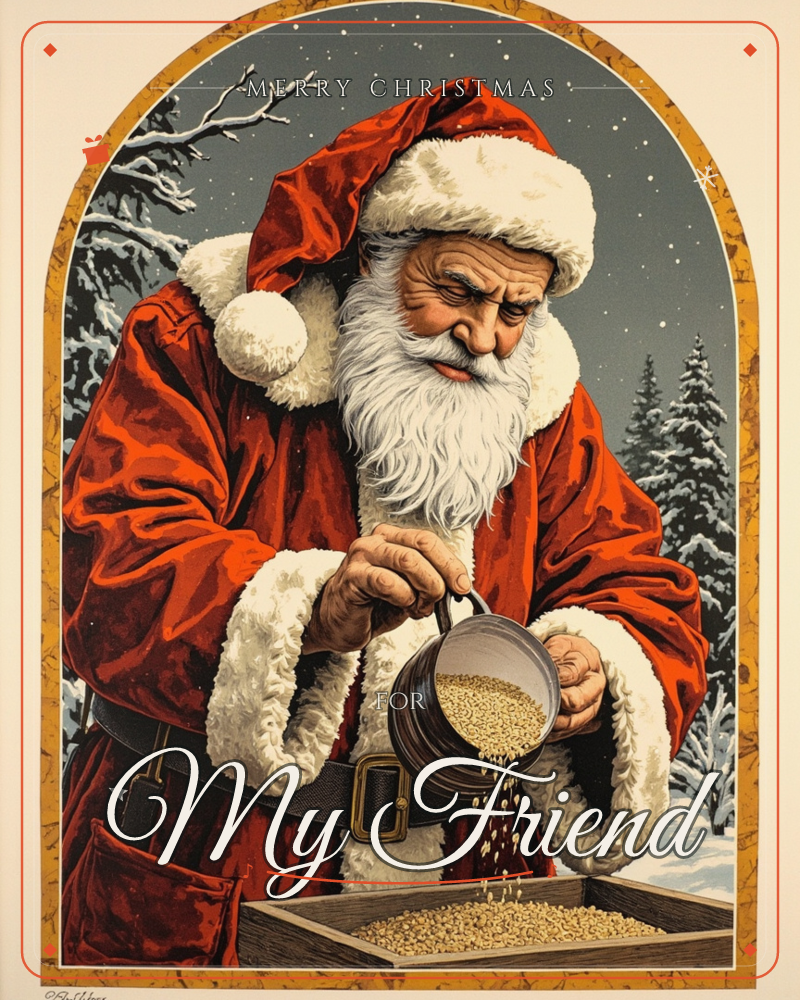 An arched illustration shows a weathered Santa in a rich red coat, carefully pouring seed or grain from a metal scoop into a wooden feeding tray, a christmas e-card design