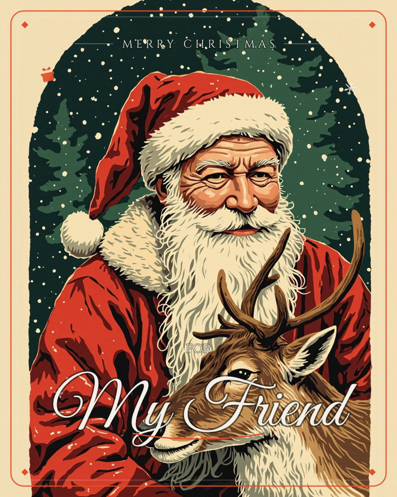 An arched illustration shows a white-bearded man in a red Santa coat and hat close beside a antlered reindeer, both facing forward against a dark green…, a christmas e-card design