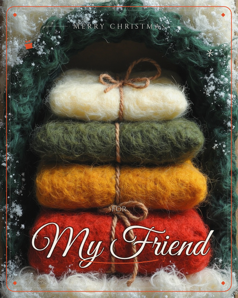 A stack of four felted wool bundles - cream, olive green, mustard yellow and red - sits tied with twine bows inside a cosy archway of dark green fuzzy…, a christmas e-card design