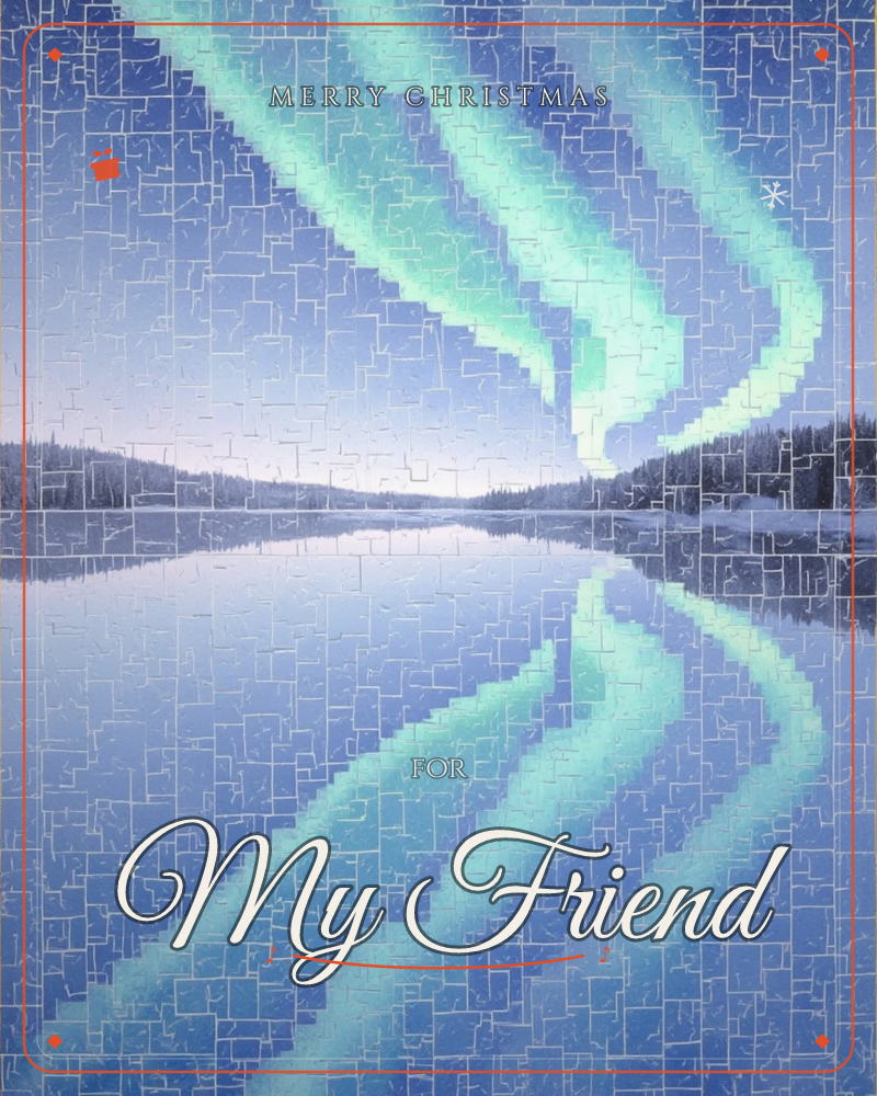 Ribbons of green aurora curl above a still lake, dark tree lines framing the water on both sides, and the entire image is broken into a mosaic of…, a christmas e-card design