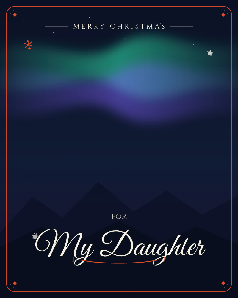 A night sky glows with a ribbon of aurora borealis, its green and violet light rippling above a row of dark jagged mountain silhouettes, a christmas e-card design by @DittyCityTeam