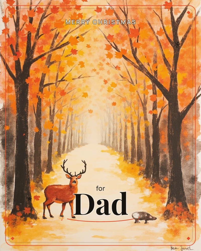 A tree-lined avenue glows in autumn gold and orange, its branches arching together over a pale path that fades into misty distance, a christmas e-card design