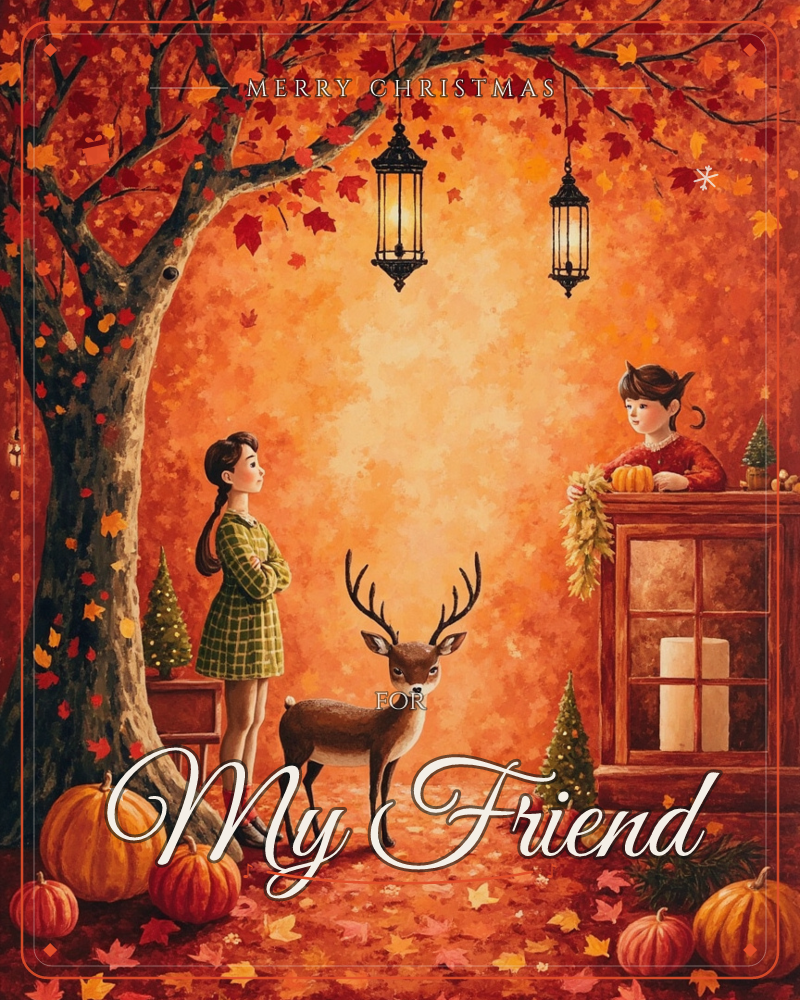 A child in a plaid dress stands beneath a glowing autumn tree hung with lanterns, facing a young deer with tall antlers, while another child leans from…, a christmas e-card design