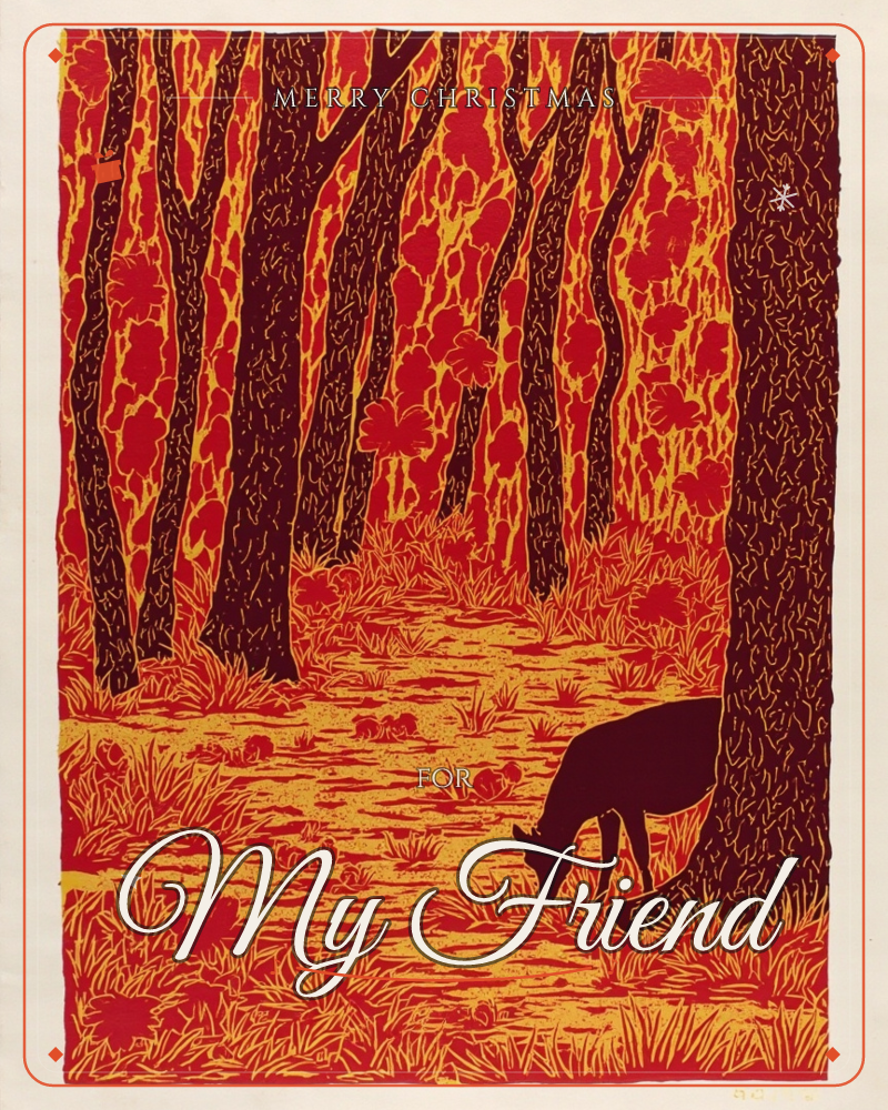 A woodland scene rendered in bold red, gold and burgundy, with tall textured tree trunks and a canopy of glowing autumn leaves, a christmas e-card design