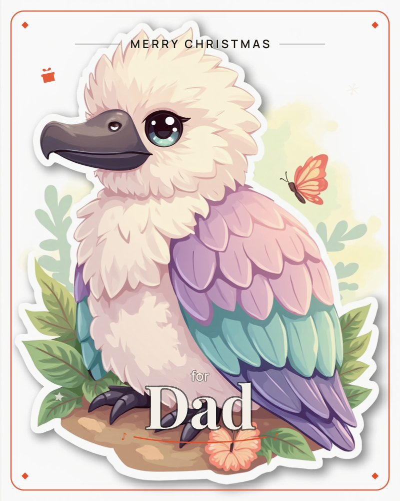 A sticker-style illustration shows a round, fluffy-headed baby bird with huge glossy eyes and a curved dark beak, its plumage shifting from cream…, a christmas e-card design