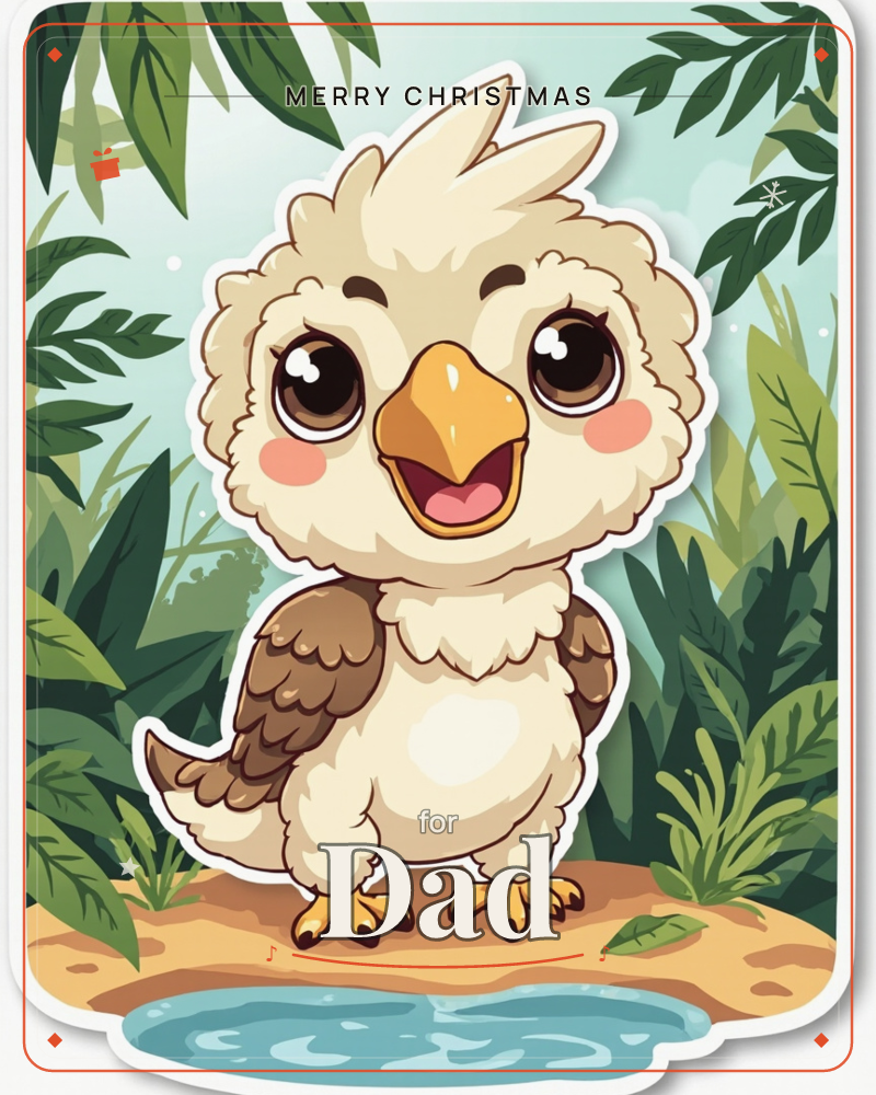 A round-eyed baby bird with cream feathers and brown wings stands cheerfully on a sandy bank beside a small pool, surrounded by layered jungle leaves…, a christmas e-card design