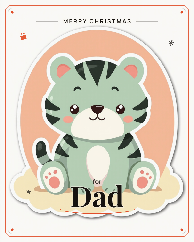 A round-eyed baby tiger in soft sage green sits with its paws forward, black stripes and a cream tummy patch giving it a plush-toy look, a christmas e-card design