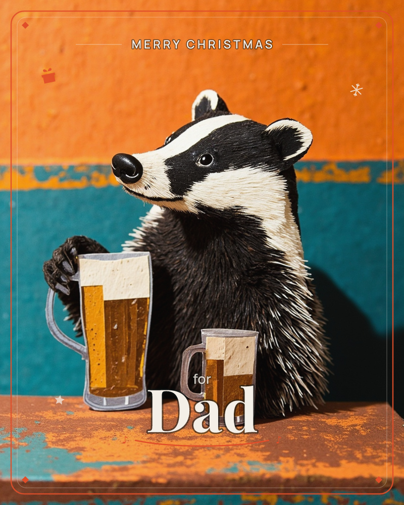 A black-and-white badger sits at a worn bar counter gripping a tall glass of beer, with a second smaller glass placed beside it, a christmas e-card design