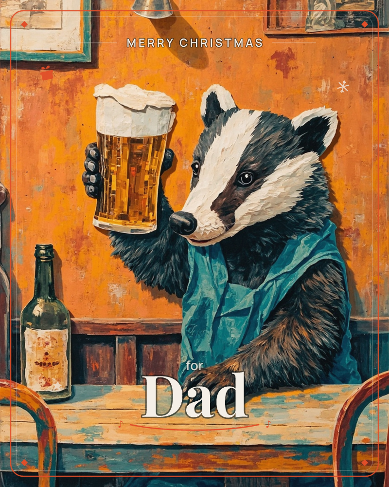 A badger in a teal shirt sits at a pub table, raising a frothy pint glass in a toast, with a wine bottle and framed pictures on the burnt-orange wall…, a christmas e-card design